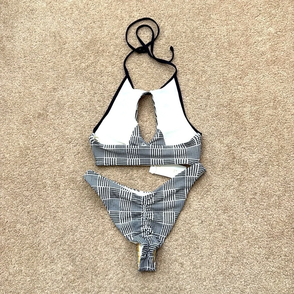 NWT L*Space Jessy High Neck Halter Top Cut Out Plaid Bikini Set Size Small